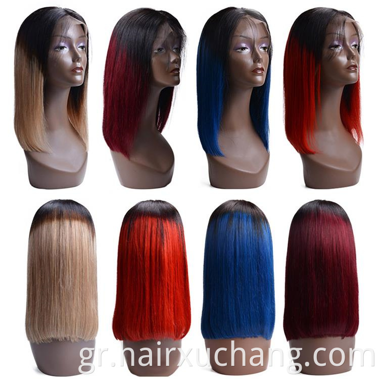 Χονδρική ombre Βραζιλιάνικο μαλλιά ελβετικό δαντέλα περούκα κοντό bob wigs χρώμα μαλλιών 1B/27 μπλε κόκκινο 99J δαντέλα μπροστινή περούκα